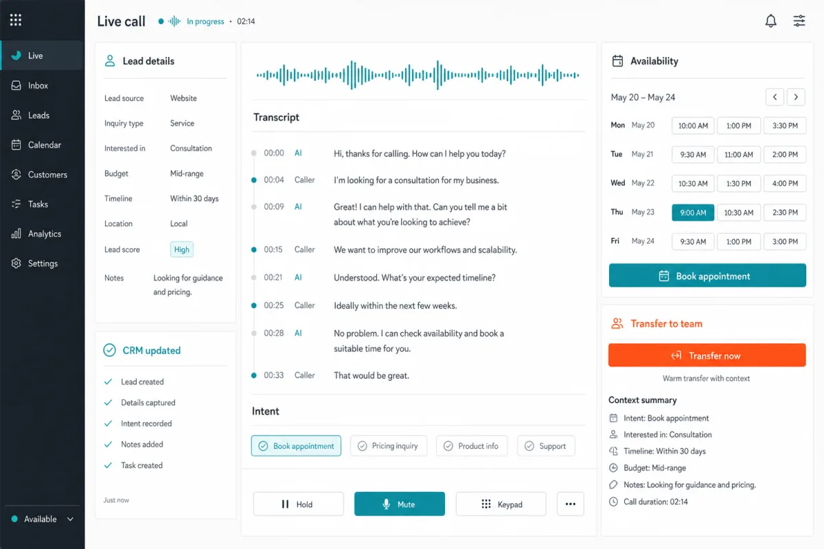 Illustrative voice receptionist console with a live transcript, lead context, appointment availability, CRM updates, and human transfer