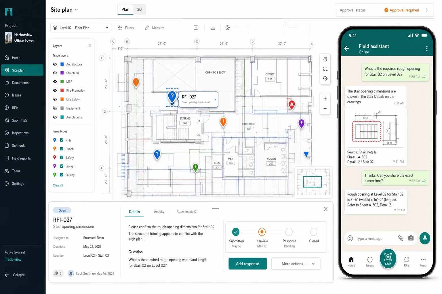 Illustrative construction operations dashboard with project progress, approvals, field issues, and a document-grounded site assistant