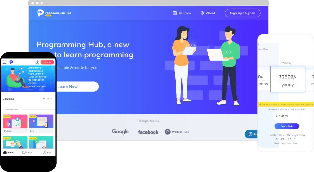 Archived Programming Hub project material showing learning interfaces across desktop and mobile